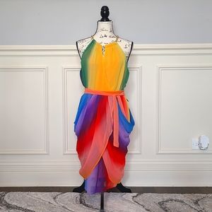 New York & Company long rainbow dress with belt and chain straps